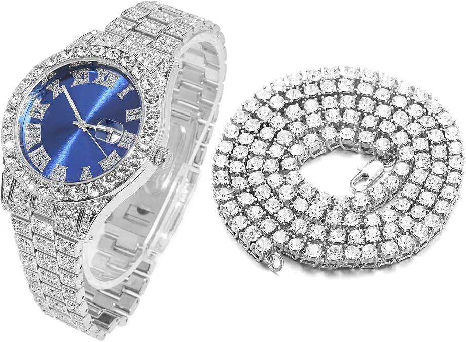 Halukakah Diamonds Gold Watch Iced Out, Men's 18k Real Gold/Platinum White Gold Plated Quartz Wristband 9.5" Blue Dial, with Tennis Chain Necklace Bracelet Set Options,  with Gift Box