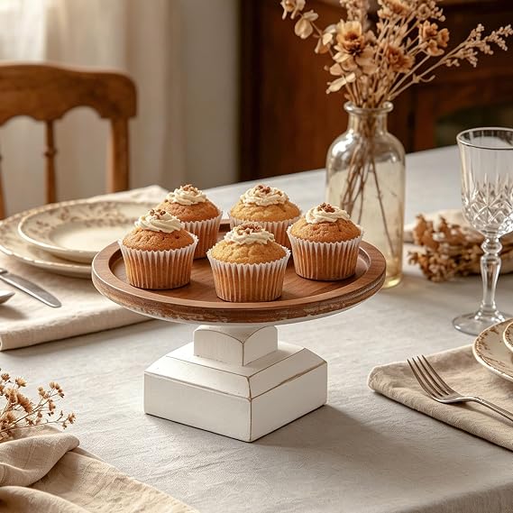 SOFE 9 Inches Round Wood Cake Stand, Rustic White Pedestal Stand | Dessert Table Display Riser, Candle Holder Tray, Birthday Party Wedding Decor, Farmhouse Cupcake Base Accent Ornament