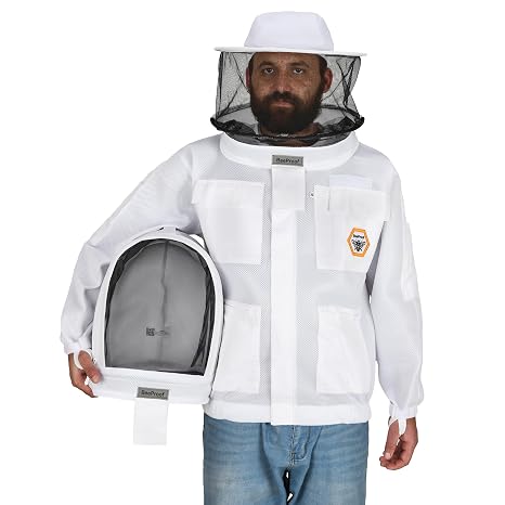 Bee Jacket Mesh Ventilation for Professional Beekeeper's Total Protection - Light Weight - YKK Zipper with Carring Bag 2 Veil Options (Fencing & Round) BP-401 (White - 4XL)