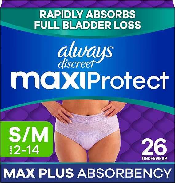 Always Discreet MaxiProtect Adult Diapers for Women, Incontinence Underwear, Scented, Postpartum Essentials, Bladder Leak Protection, Disposable Briefs, Maximum Plus Absorbency, Size S/M, 26 Count