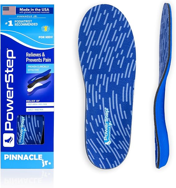 PowerStep Pinnacle Junior Insoles, Childrens Maximum Cushioning Shoe Insert, Relief for Ankle, Knee & Foot Pain, Arch Support for Girls and Boys, Kids Unisex, Made in the USA (Youth 5)