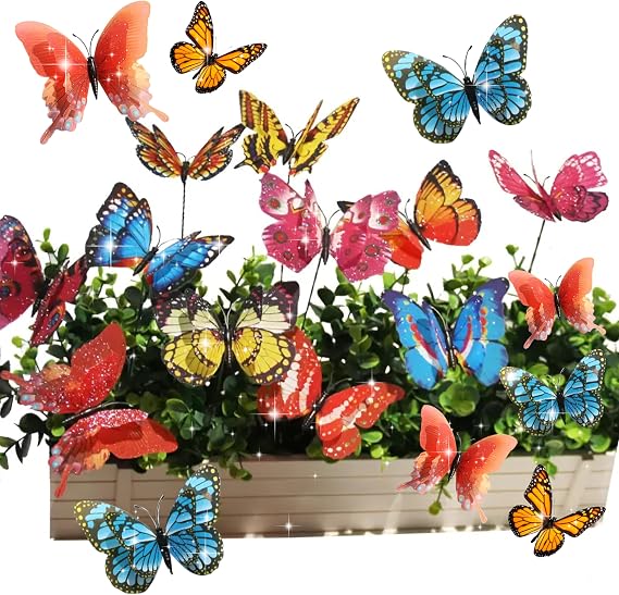 3D Butterfly Garden Stakes 20PCS Waterproof Bendable Yard Indoor Decor | Sequined double wing ornaments for flower bouquets plant pots, lawn patio, indoor outdoor home DIY craft decor