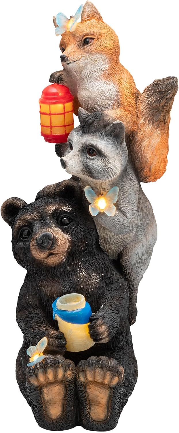 Alpine Corporation 19 Tall Outdoor Solar Powered Animal Friends Statue with LED Lights, Multicolor