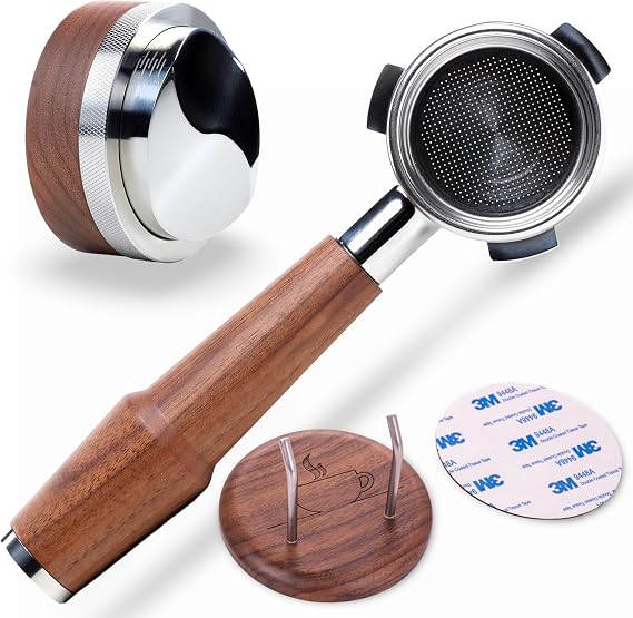 54mm Espresso Kit Bottomless 54mm Portafilter, Walnut Coffee Distributor, and Portafilter Wall Holder for Breville Espresso Machines
