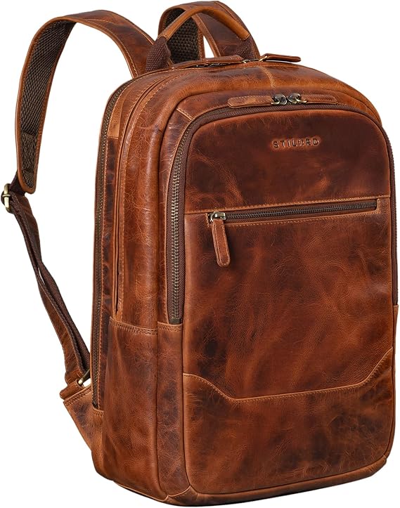 STILORD Maxor XL Business Backpack Men's Leather Large Laptop Backpack 17 Inch with 2 Laptop Compartments Vintage Work Backpack Genuine Leather Backpack Many Compartments Clip-on Colour: Kara - Cognac