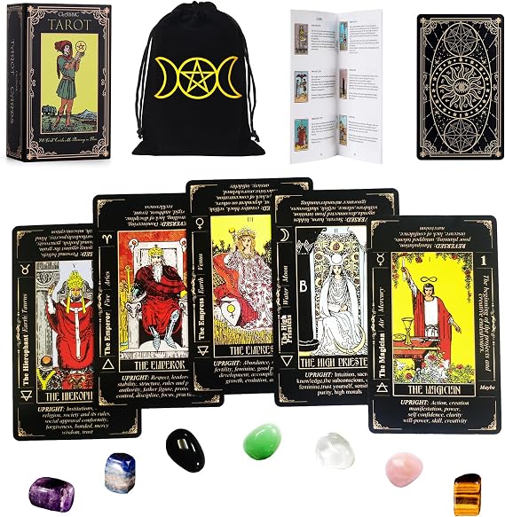 Fofeadm Tarot Cards Set with Guide Book/Linen Carry Bag/Chakra Stones, 78 Classic Original Tarot Cards Deck Fortune Telling Game with Meanings on Them for Beginners to Expert