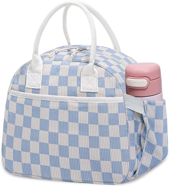 Carry bloom Lunch Box for Women, Insulated Lunch Bag Cute Corduroy Lunchbag Reusable Lunchbox for Work (checkered blue white)