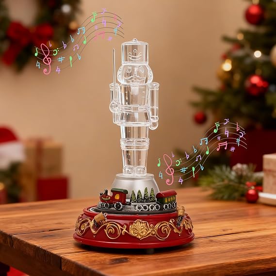 Christmas German Nutcracker Music Box, Acrylic Nutcracker Clear Nutcracker with LED, Rotating Train & Music, Festive Tabletop Display & Shelf Decor (Red-Swordsman)