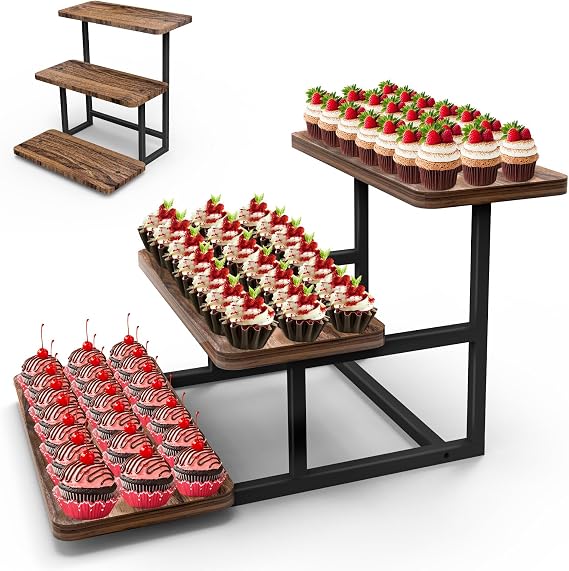3 Tier Wooden Cake and Cupcake Stand, Cake Stand for Desserts, Doughnuts, Biscuits, Macaroons, Fruit, Wedding, Birthday, Theme Party, Cake Stand Decoration (Stair Style)