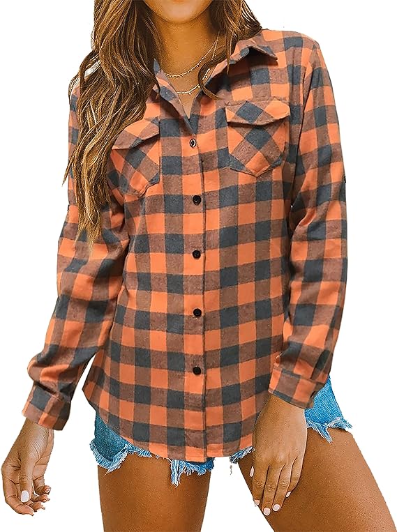 Oyamiki Womens Casual Cuffed Long Sleeve Boyfriend Button Down Plaid Flannel Shirt Tops
