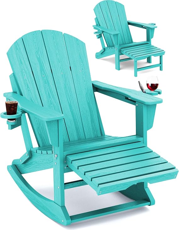 KINGYES Adirondack Rocking Chair with Ottoman and Cup Holders | HDPE Porch Rocker, Aruba Blue