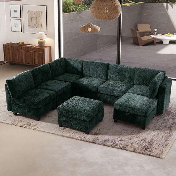 128" Modular Sectional Sofa 8 Seat Oversized Sectional Sofa Sleeper Modular with Chaise and Ottoman Living Room Set, U, L Shaped Couch Bed with Storage Cloud Couch Green Textured