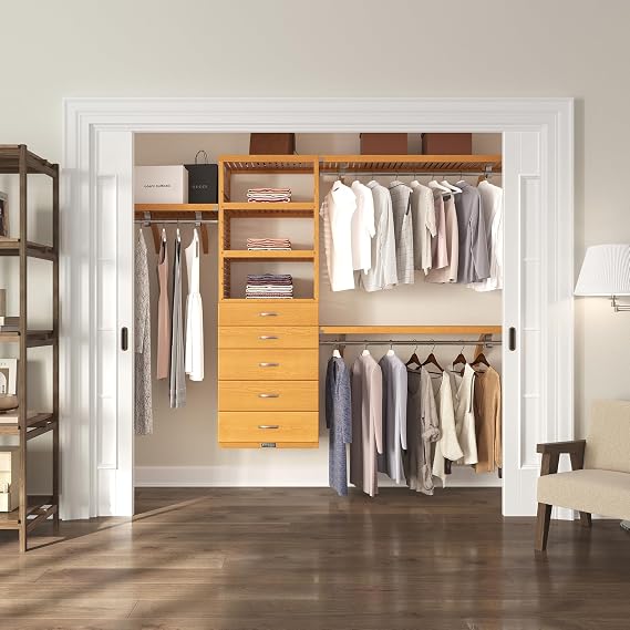 John Louis Home Solid Wood Walk-In Closet Organizer with 5 Drawers (Honey Maple)