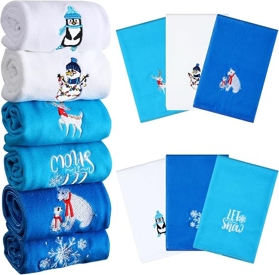 Ganeen 6 Pcs Christmas Embroidered Hand Towels, 12x18 Inch, Novelty | Dish Towels, Santa Reindeer Tree Wreath Embroidery, Holiday Table Decor, Bathroom Kitchen Gift Set