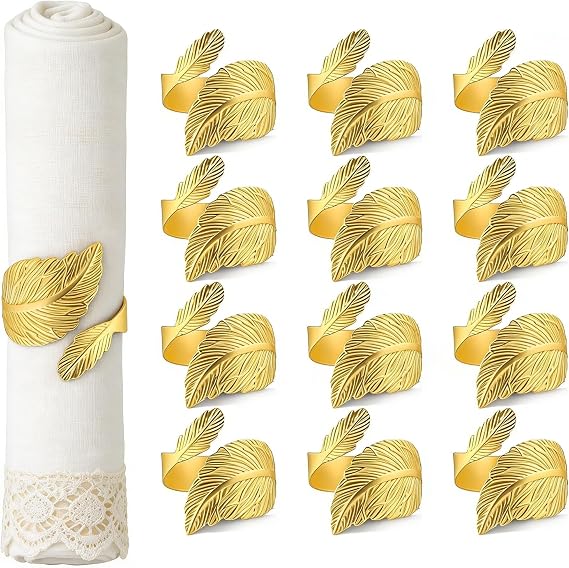 Gold Napkin Rings (Set of 12) - Feather Design Napkin Holders, Perfect for Weddings, Valentine's Day, Holidays, Receptions, Dinners, Banquets & Buffet Table Decor