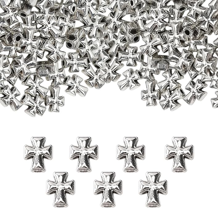 100PCS Sliver Cross Beads for Bracelets Christian Crafts Hair Beads for Jewelry Making Crucifix for Rosary Making Silver Cross Pony Bead Assorted Bead Bulk(Silver)