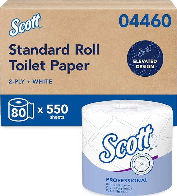 Scott Professional Standard Roll Toilet Paper, Bulk, 80 Rolls (04460) | 550 Sheets/Roll, 2-Ply, Individually Wrapped, Elevated Design, Plus Tier