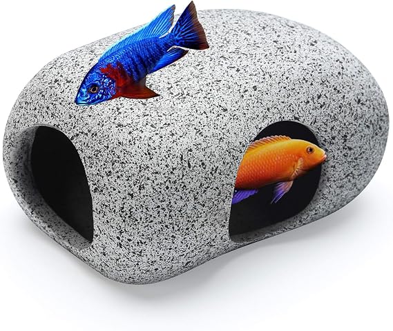 SpringSmart Matte Stone-Look Ceramic Aquarium Cave with 2 Entrances - Natural Textured Hideout for Betta Fish & Shrimp to Hide, Feed, Breed, Safe Fish Tank Decoration (3.7"x2.7"x2"(1 pc))