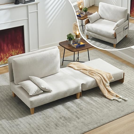Convertible Sleeper Chair Bed, 3-in-1 Pull Out Sofa Bed with 3 Pillows, Folding Single Futon Couch with Detachable Pockets, Mid-Century Modern Accent Chair for Apartment, Dorm, Living Room, Beige