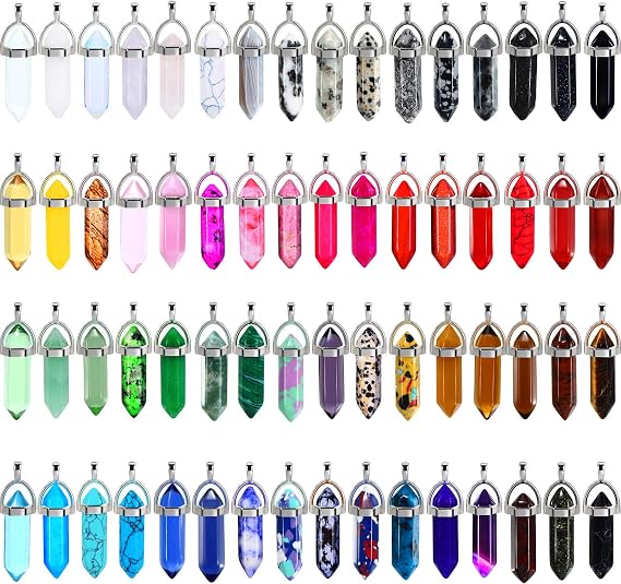 Bullet Shape Gemstone Pendant Hexagonal Chakra Crystal Pointed Quartz Pendants Artificial Stone with Storage Bag (64 Pieces)