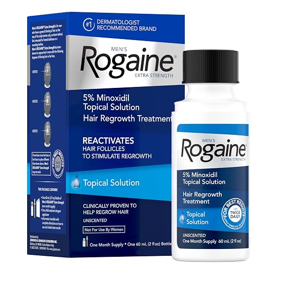 Men's Rogaine Extra Strength 5% Topical Minoxidil Solution, 2 fl oz | Hair Loss & Regrowth Topical Treatment for Men, Unscented, Follicle Booster Liquid, 1-Month Supply
