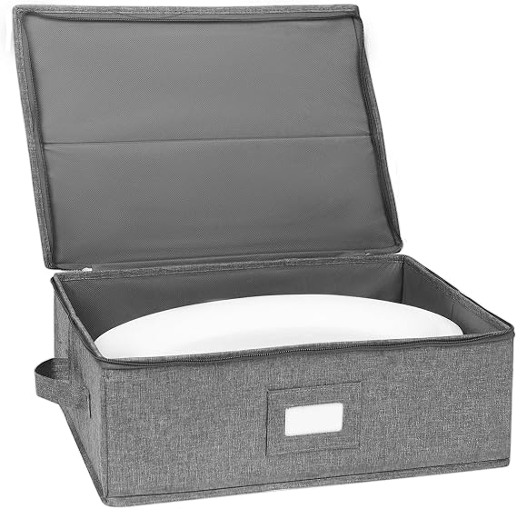 popoly Platter Storage, China Storage Containers Hard Shell 17" x 13" x 6" | China Platter Storage Containers with 5 Felt Dividers Included, Structured Top and Stackable (Linen Grey)