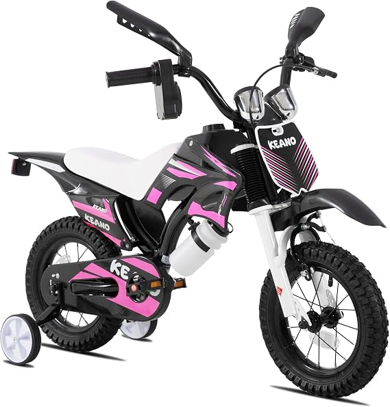 Keano 12インチ モトクロス キッズバイク 2~4歳用 補助輪用 ピンク | 12インチの子供用自転車、補助輪とナンバープレート付き、子供用自転車。