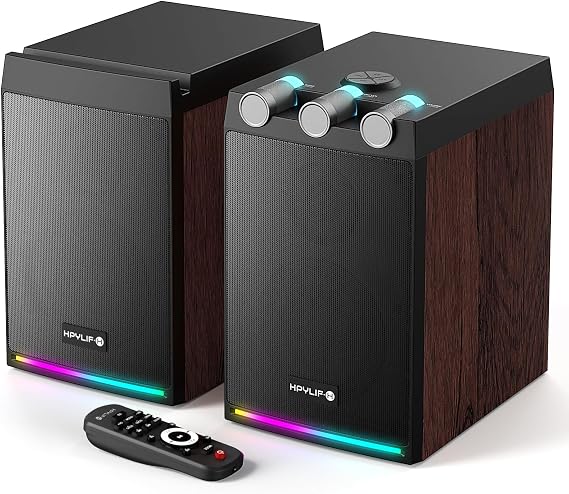 Powered Bookshelf Speakers, 50W X 2 RMS Bluetooth TV Speakers with LED Light, Boost Bass, Microphone Link, Full Function Remote Contro/Subwoofer Line Out for PC and TV - Wood Grain