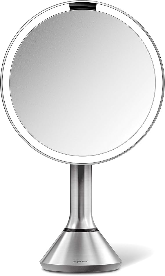 simplehuman 8" Round Sensor Makeup Mirror with Touch-Control Dual Light Settings, 5x Magnification, Rechargeable and Cordless, Brushed Stainless Steel
