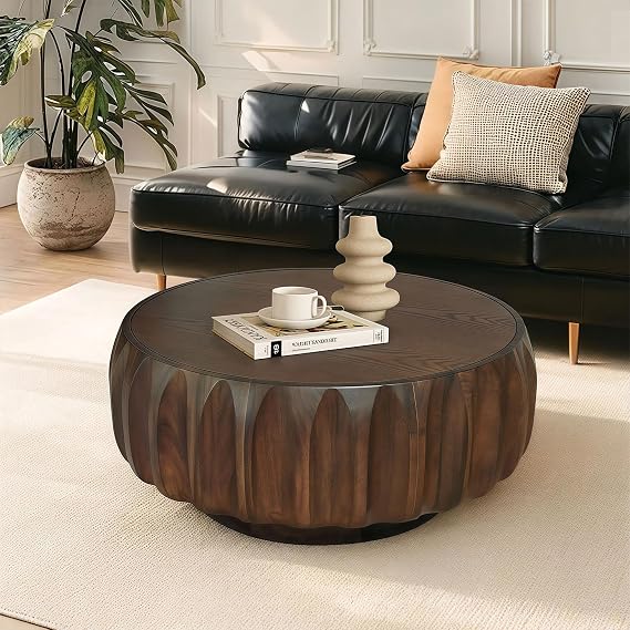 31.5'' Round Coffee Table, Modern Wooden Coffee Table with Solid Wood Veneered, Circle Center Accent Tea Bar for Living Room Walnut
