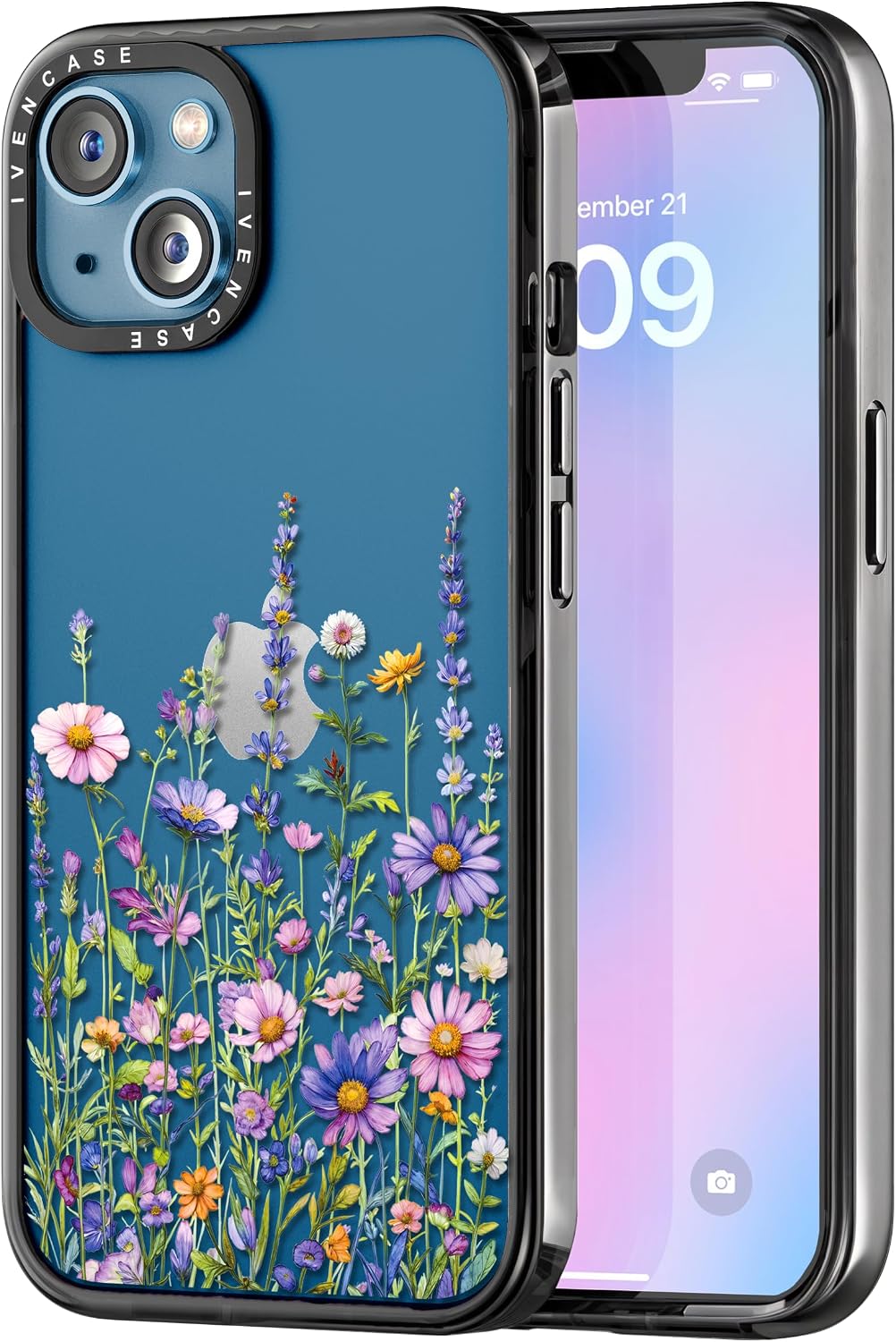 ivencase for iPhone 13 Case for WomenGirls, iPhone 13 Cover with Cute Flower Animal Design, Raised Camera Edge Protective, Hard AcrylicTPU Bumper Shockproof Case for iPhone 13 - Purple Daisy