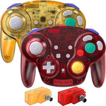 2 Pack 2.4 GHz Wireless GameCube Controller, for NGC GameCube Console Built-in Rumble Analog Stick Analog Triggers Rechargeable Plug and Play Clear Yellow/Red
