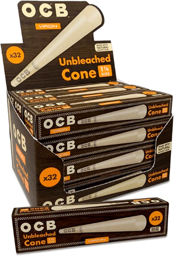 OCB - Unbleached Virgin 1 1/4" Cones Display Case - 12 Packs with 32 Cones per Pack