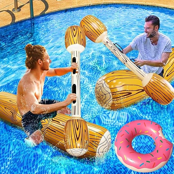 KAHEIGN 5Pcs Inflatable Floating Row Toys, 140CM Pool Inflatable Battle Log Water Sports Games Log Rafts Float Toys with Doughnut Swimming Ring for Kids Adults Summer Lake Beach Water Party Game