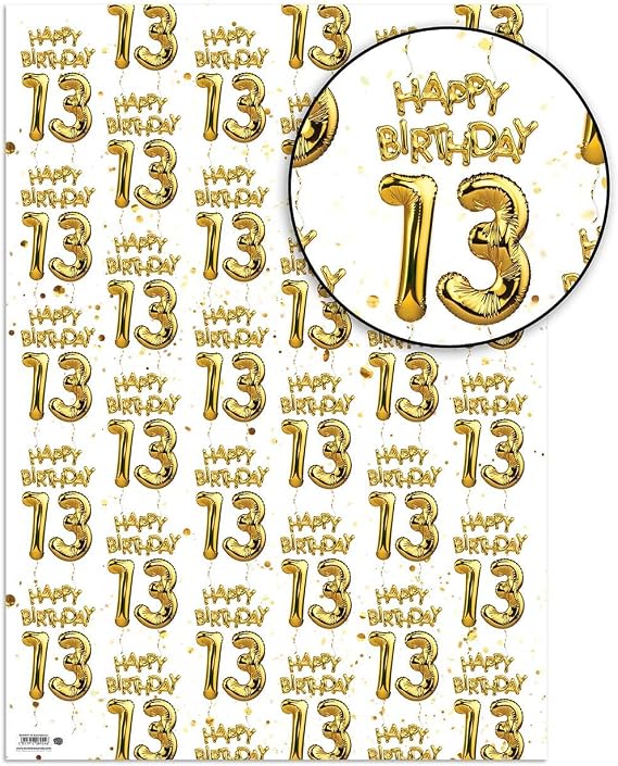 Brainbox Candy 13th Birthday Wrapping Paper - 2 Sheets of Premium White & Gold Foil Effect Gift Wrap - Unisex Design