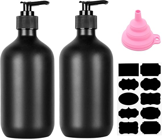 2 Pcs Soap Dispenser, 500ML/17oz Pump Bottle Dispenser, Empty Refillable Shampoo and Conditioner Bottles for Bedroom Kitchen Lotions Washing Up Liquid Dispensers, with Funnel & Stickers (Black)