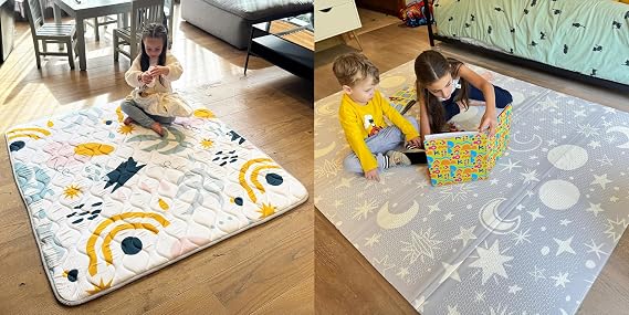 MioTetto Ultimate Baby Floor Mat Bundle 50x50 Quilted Playpen Cushion Mat Spring Joy and 78x59 Foldable Waterproof Foam Mat Magical Space | Non Toxic Extra Thick Padding Washable and Reversible