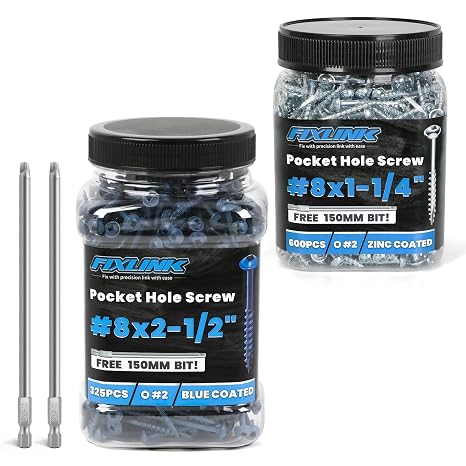 Pocket Hole Screws #8 X 1-1/4", 600 PCS and #8 X 2-1/2", 325 PCS Zinc Coated Pocket Hole Screws for Outdoor, Square Drive, 150MM Drive Bit Included