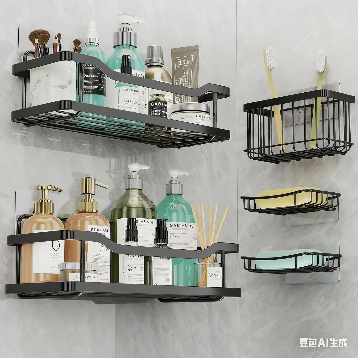 OMAIRA 5-Pack Shower Caddy with Soap Holder, Adhesive Rustproof No-drill Strudy Loading Inside Shower Organizer Shelves Rack Storage Bathroom Organization for Smooth Wall Glass Tile, Black X-Large