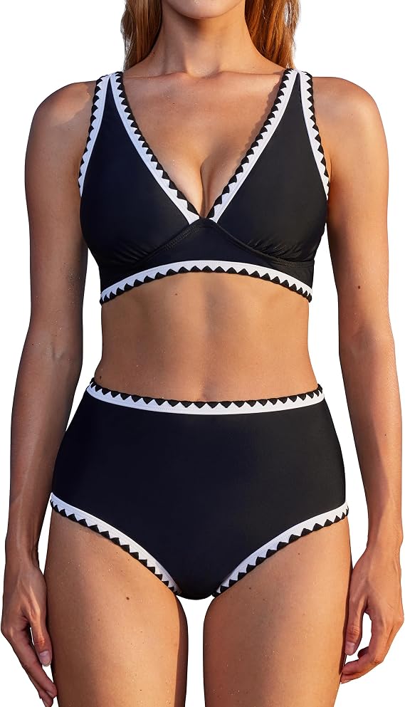 MOOSLOVER Women Bikini Sets Plunging High Waisted Swimsuit Whip Stitch 2 Piece Bathing Suits