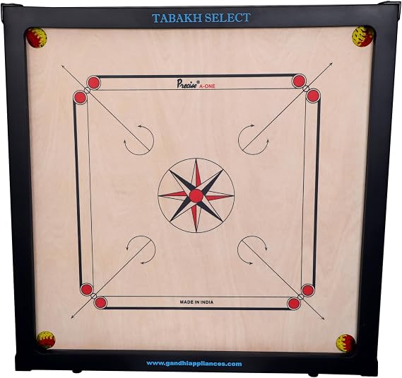 T TABAKH Precise Select 6mm Carrom Board with Coins, Striker, and Powder - 1-4 Players, Ages 13 and Up