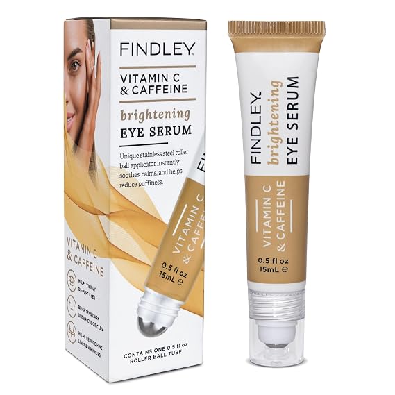 Findley Eye Serum with Vitamin C and Caffeine | Unique Stainless Steel Roller Ball Applicator | Under Eye Treatment for Puffiness & Dark Circles | Soothes, Depuffs, Firms (0.5 Fl Oz)