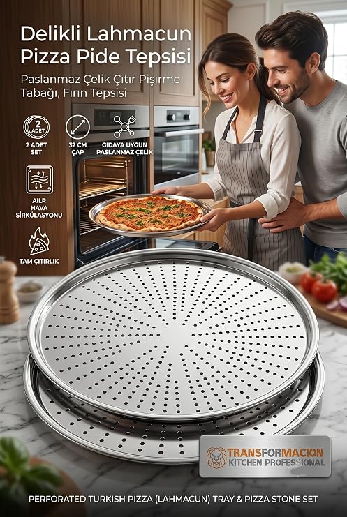 Transformacion 2'li Set Delikli Lahmacun Pizza Pide Tepsisi, 32 cm Paslanmaz Çelik Çıtır Pişirme Tabağı, Fırın Tepsisi 719633