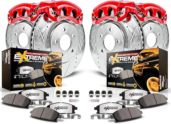 PowerStop Front and Rear Brake & Caliper Kit for Ford F-250 Super Duty 2010-11 | Ford F-350 Super Duty 2010-11 - Drilled & Slotted Disc Rotors + Z36 Brake Pads + Red-Powder Coated Calipers, KC5575-36