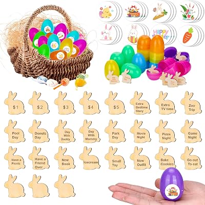 BABORUI Easter Egg Tokens for Kids - 27 Pack Wooden Bunny Easter Egg Tokens with Plastic Easter Eggs, Natural Prefilled Easter Eggs Rabbit Fillers, No Candy Basket Stuffers Gifts for Kids
