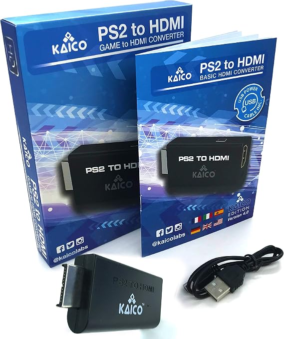Kaico PS2 to HDMI Adapter for PlayStation 2, Plug & Play HDMI Converter | Supports 480i, 480p, 576i, 576p and 1080i output, with built-in audio, Micro USB power cable, clear video and audio