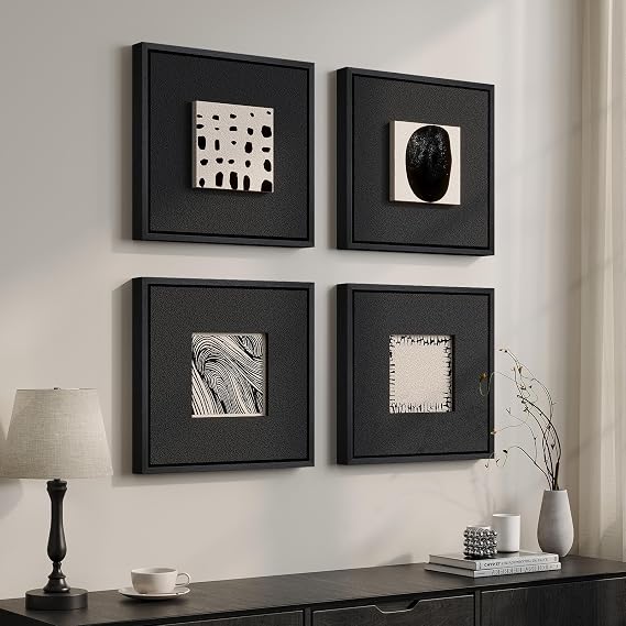 Framed 3D Textured Black White Abstract Wall Art for Living Room, 4 Piece