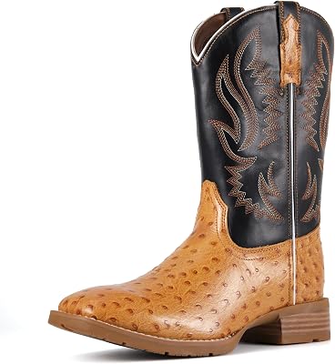 SUREWAY Mens Full Grain Leather Cowboy Boots with Ostrich Pattern,Square Toe Embroidery Western Boot, Oil and Slip Resistant, Durable 10-Inch Pull-On Wellington Boots for Men