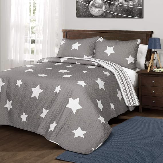 Lush Decor Star Quilt - Reversible 2 Piece Pattern Striped Bedding Set with Pillow Sham - Twin - Gray
