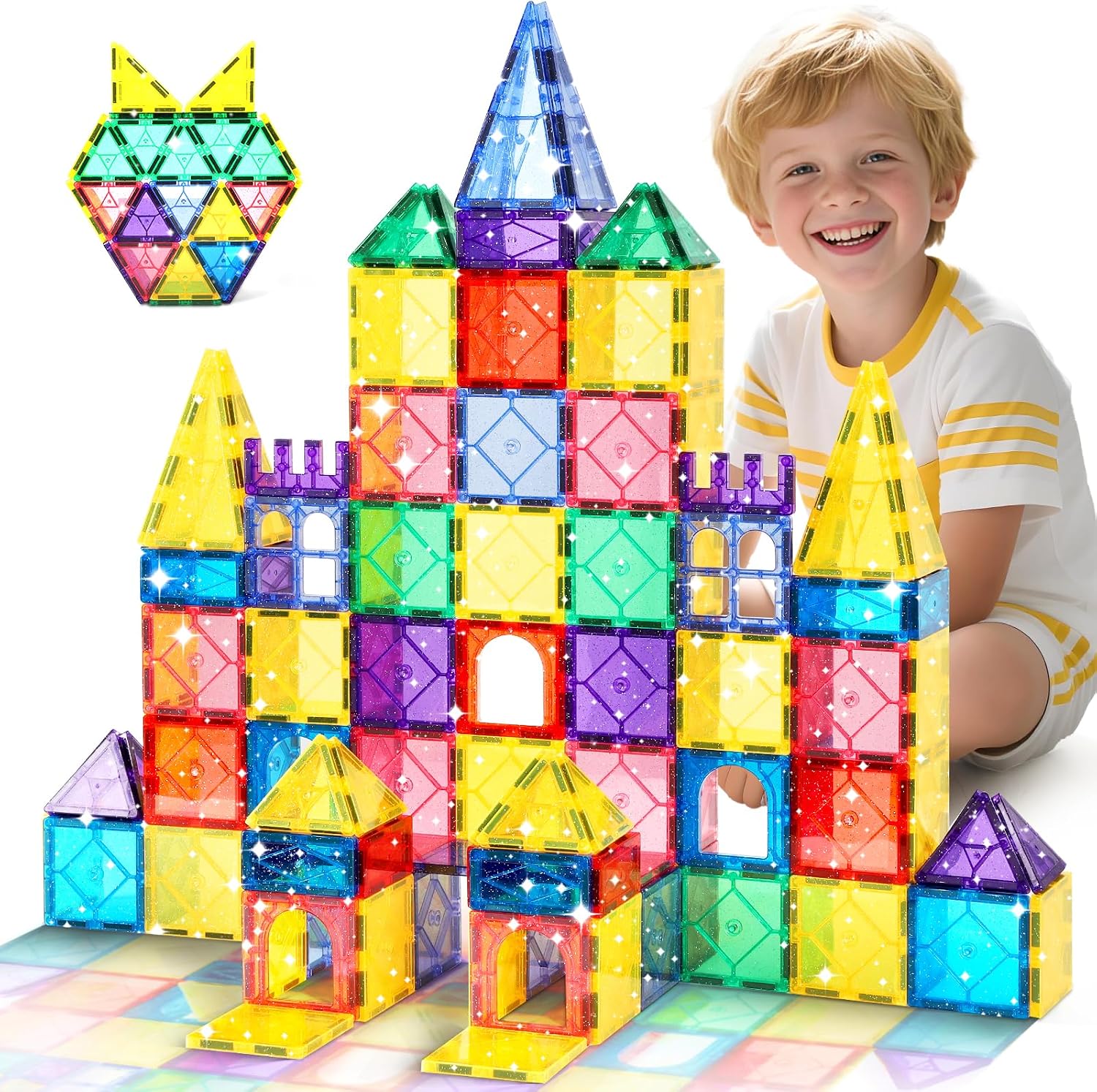 Magnetic Tiles Building Blocks, 100 Pieces Glitter Magnetic Tile STEM Educational Kids Toys for Ages 3 4 5 6 7 8 Year Old Prechool Learning Magnet Blocks Set Construction Toy Gift for Boys and Girls